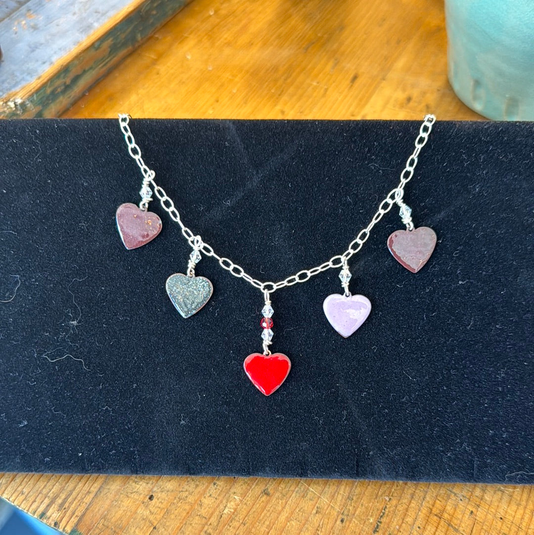 Handmade Sterling Silver Necklace w Enamel Hearts