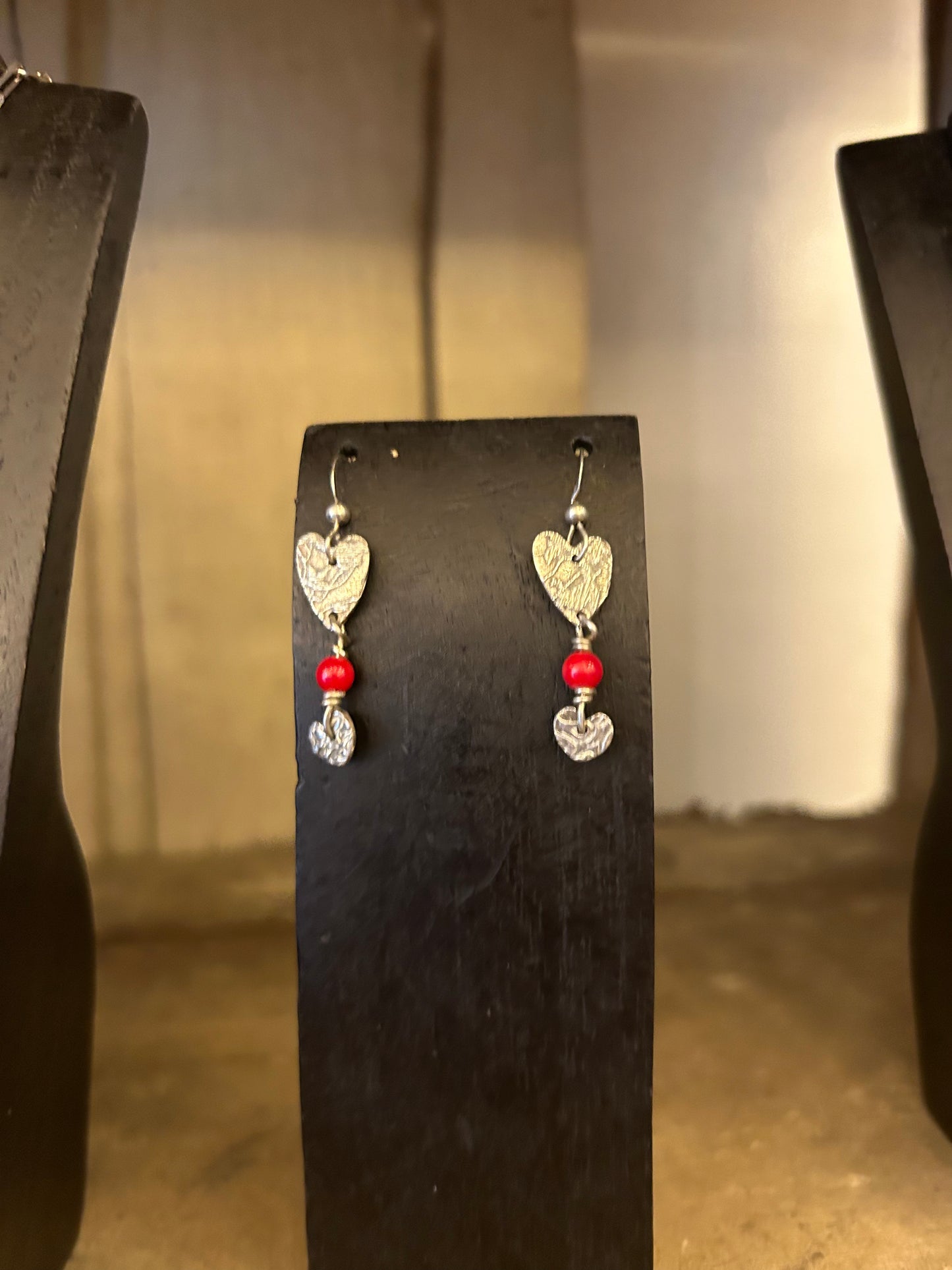 Sterling Silver Heart Earrings with Red Bead